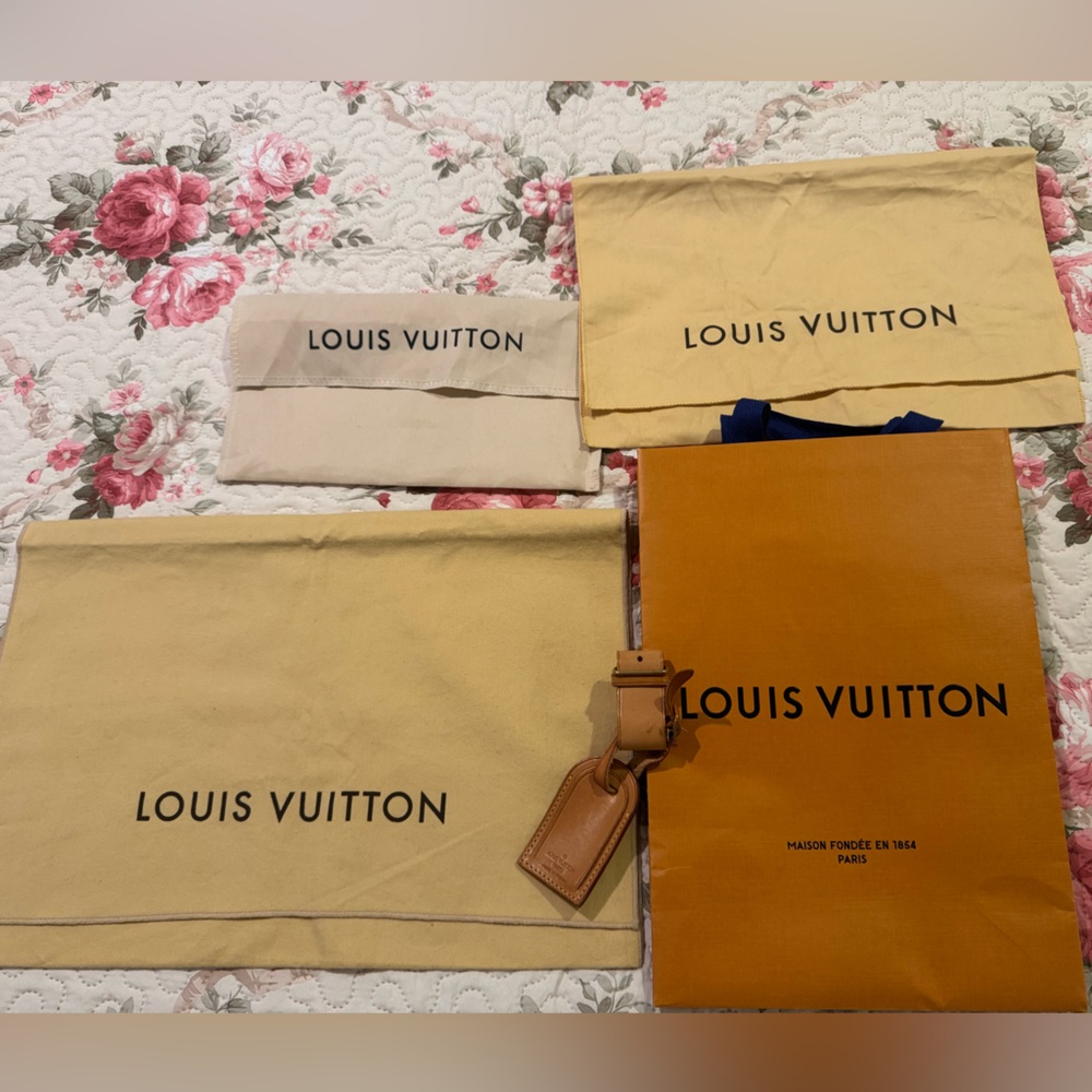 Louis Vuitton Beige Dust Bags with Orange Shopping Bag and Tan Luggage Tag